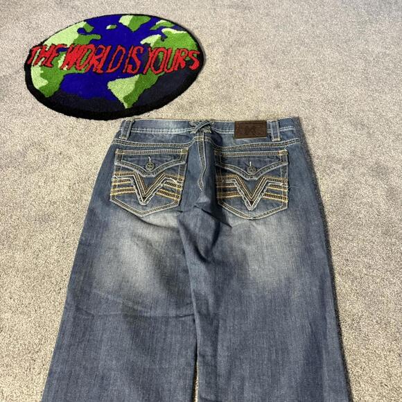 NAVY Y2K XTREME COUTURE ACID WASHED BAGGY JEANS WITH CRAZY BACK POCKETS😮‍💨 - Picture 3 of 7